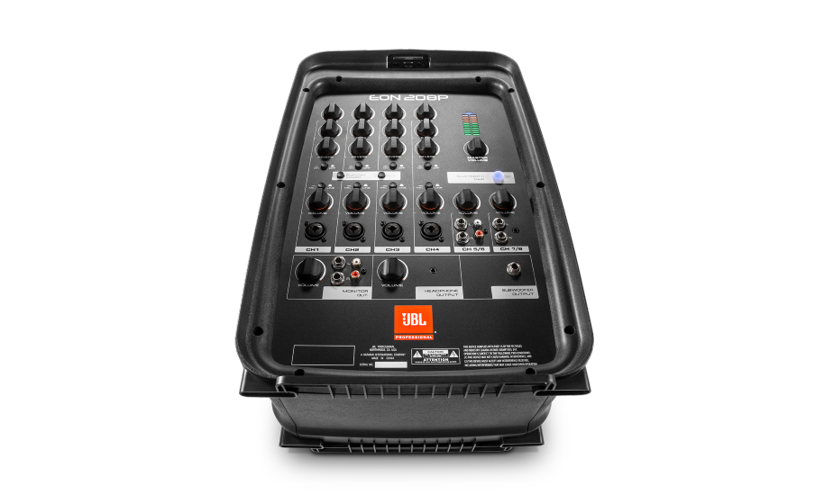 JBL EON208P Sisäisessä 8-kanavaisessa mikserissä on tuloliitännät mikrofoneille, kitaroille ja linjatason lähteille. - Image